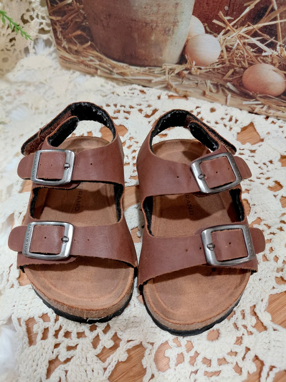 Lucky Brand Brown Double-Buckle Kids Sandals with Silver Buckles